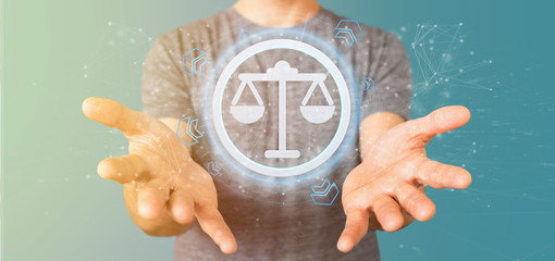 Man holding a Technology justice icon on a circle 3d rendering