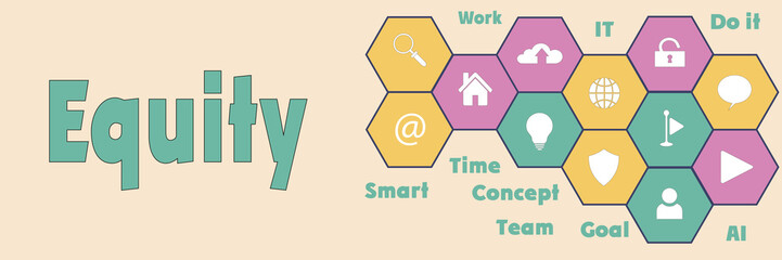 Equity Panoramic Hi tech banner with hexagons icons and tags