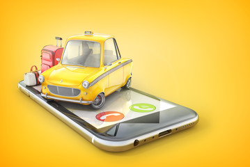 Taxi concept. Yellow retro taxi car on the phone screen on a yellow background. 3d illustration