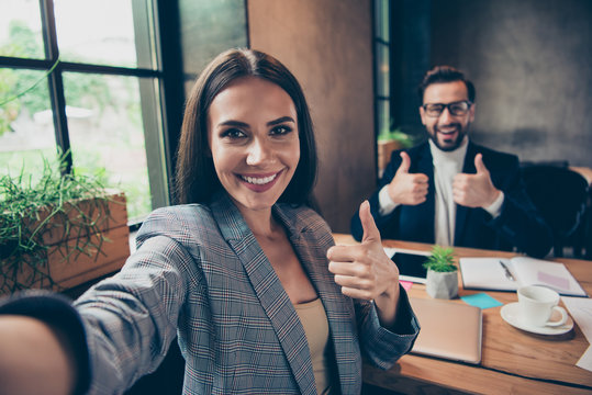 Self-portrait of two excited cheerful modern stylish elegant cla