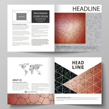 Business templates for square design bi fold brochure, flyer. Leaflet cover, vector layout. Chemistry pattern, molecular texture, polygonal molecule structure, cell. Medicine, microbiology concept.