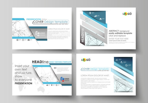 Set of business templates for presentation slides. Abstract vector layouts in flat design. Chemistry pattern, connecting lines and dots, molecule structure on white, geometric graphic background.