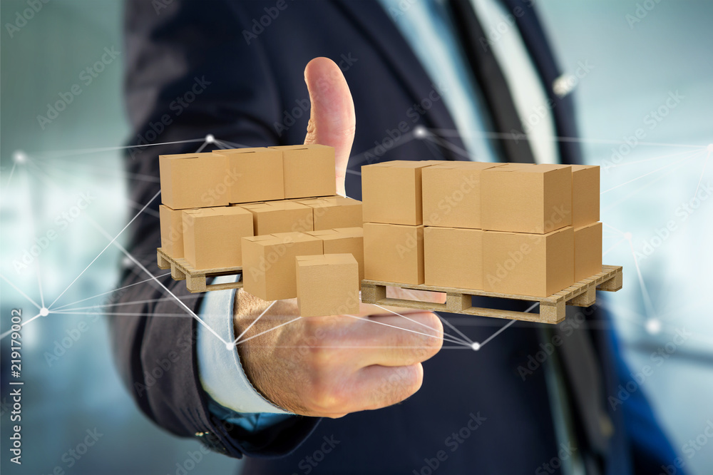 Poster pallet of carboxes with network connection system - 3d render