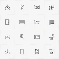 Home line icon set with fireplace, fence and chandelier