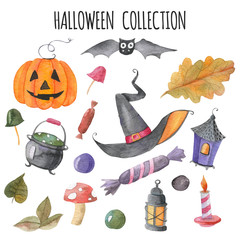 Obraz premium Halloween Illustration. Bat, Pumpkin, Candy, Candle, Mushrooms, Lantern, Leaves, Potion. Watercolor drawing on isolated background