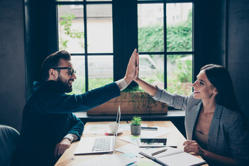 Two cheerful modern professional stylish classic elegant people,