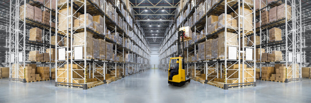 Panorama of huge distribution warehouse with high shelves with forklift. Bottom view.