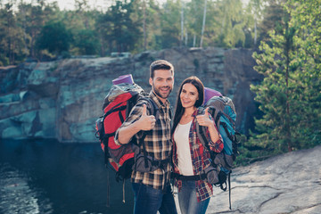 Nice lovely spouses backpacking, bearded husband and cute wife, 