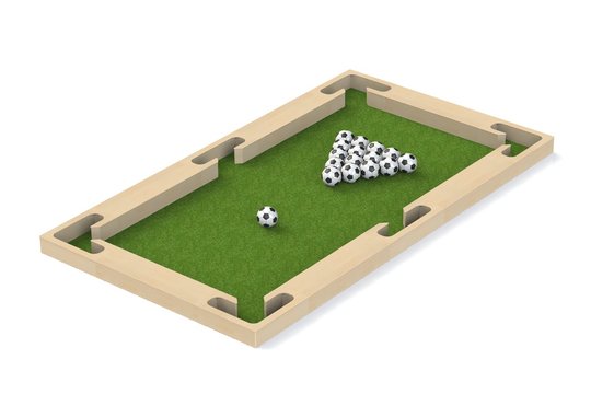Ground pool snookball game with football balls on green grass reaching goal.  3D rendering, 3D illustration,