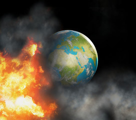 Obraz na płótnie Canvas state of emergency with world globe focused at Europe with fire flames and smoke 3d-illustration