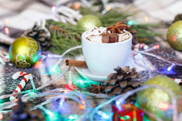 Christmas and New Year background.Cup of hot chocolate with marshmallows.