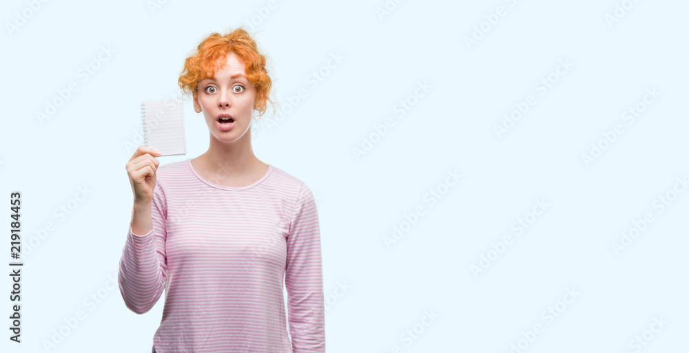 Poster Young redhead woman holding blank notebook scared in shock with a surprise face, afraid and excited with fear expression