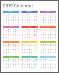 2019 year calendar, calendar design for 2019 starts monday