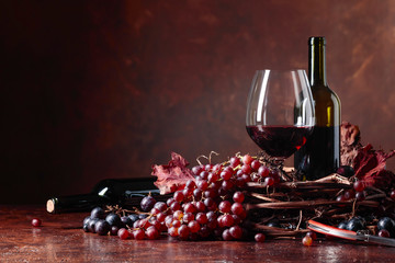 Red wine and fresh grapes with dried up vine leaves.