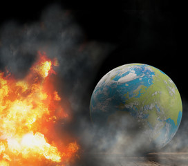 Obraz na płótnie Canvas state of emergency with world globe focused at Europe with fire flames and smoke 3d-illustration.