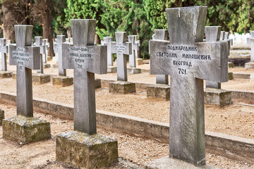 Thessaloniki, Greece - August 16, 2018: Zeitenlik war cemetery in Thessaloniki.  Contains the graves of the Serbian, French, British, Italian and Russian soldiers.