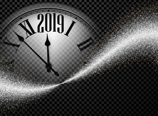 Fototapeta na wymiar Silver shiny 2019 New Year background with clock.