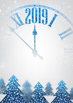 White 2019 New Year background with clock and Christmas trees.
