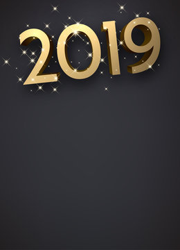 Grey New Year background with gold shiny 2019 sign.
