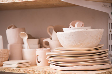 Pottery, ceramic dishes handmade in a pottery workshop