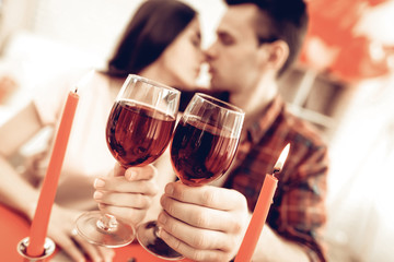 Beautiful Couple Wine Drinking On Valentine's Day.