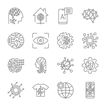 Industry 4.0, Artificial Intelligence and Internet of Things icons set. Digitalization concept enterprise IoT, smart factory, industry 4.0, AI - vector illustration