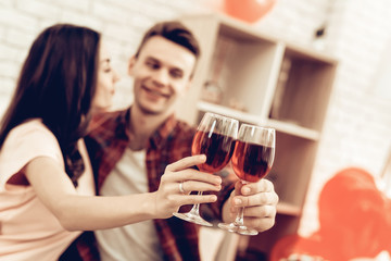 Beautiful Couple Wine Drinking On Valentine's Day.