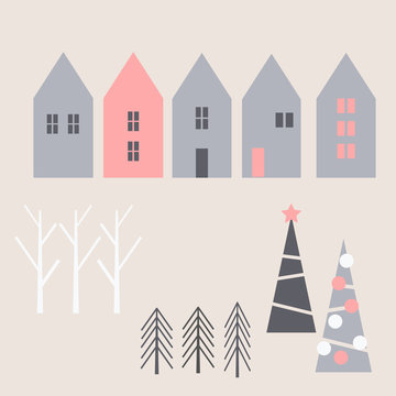 Winter Christmas houses and trees. Vector  illustration.
