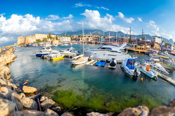 Fototapeta na wymiar Boats and yachts in Kyrenia (Girne) harbour. Cyprus