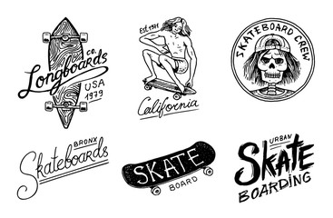 Set of Skateboarding labels logo. Vector illustration with Skeleton for skater. Urban design for badges, emblems t-shirt typography. engraved hand drawn sketch in monochrome vintage style. © artbalitskiy