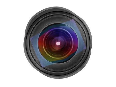 Large wide angle photo lens front view isolated with clipping path