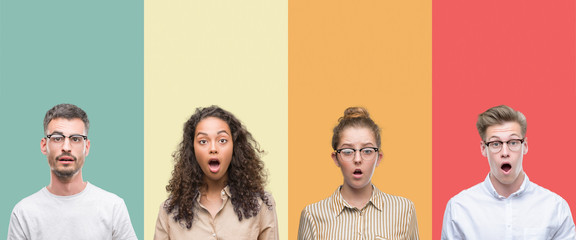 Collage of a group of people isolated over colorful background afraid and shocked with surprise expression, fear and excited face.