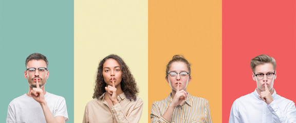 Collage of a group of people isolated over colorful background asking to be quiet with finger on lips. Silence and secret concept.