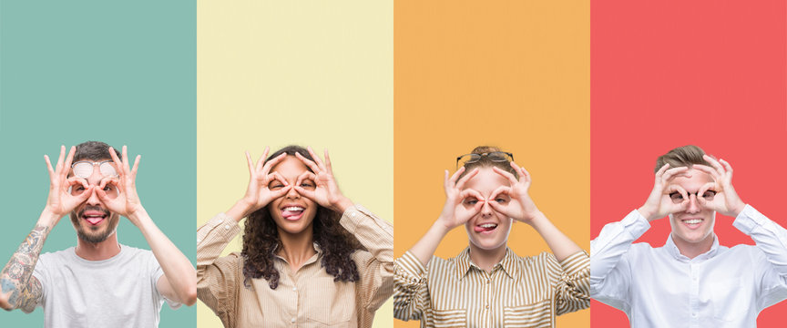 Collage of a group of people isolated over colorful background doing ok gesture like binoculars sticking tongue out, eyes looking through fingers. Crazy expression.