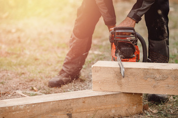 Close-up of woodcutter lumberjack is man chainsaw tree.