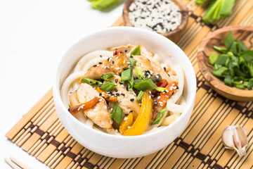 Udon stir-fry noodles with chicken and vegetables on white.