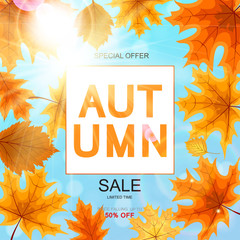 Abstract Vector Illustration Autumn Sale Background with Falling Autumn Leaves