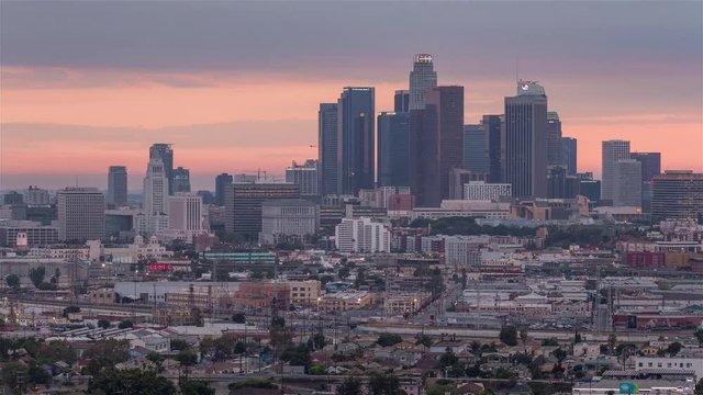 Downtown Los Angeles Skyline with Smoke Cover Day to Night Sunset Timelapse