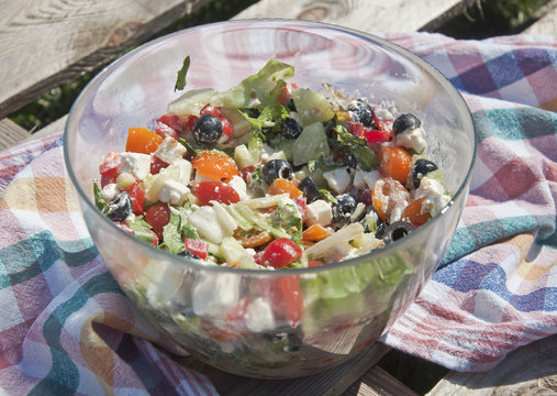 Greek salad in a glass bowl