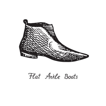 Flat Ankle Boots, isolated hand drawn outline doodle, sketch, black and white vector illustration with inscription