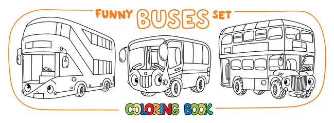 Funny buses with eyes set. Coloring book set