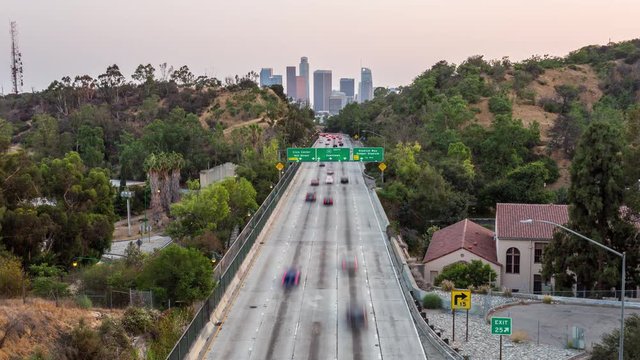 Downtown Los Angeles and Freeway Day to Night Sunset Timelapse