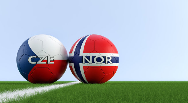 Czech Republic vs. Norway Soccer Match - Soccer balls in Czech Republic and Norway national colors on a soccer field. Copy space on the right side - 3D Rendering 