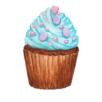 Watercolor cupcake, fairy cake isolated on a white background. Sweet delicious hand drawn bakery illustration.