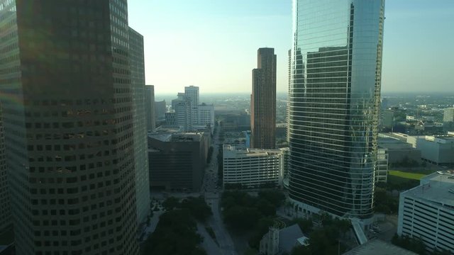 Flying low between skyscrapers Houston Texas USA