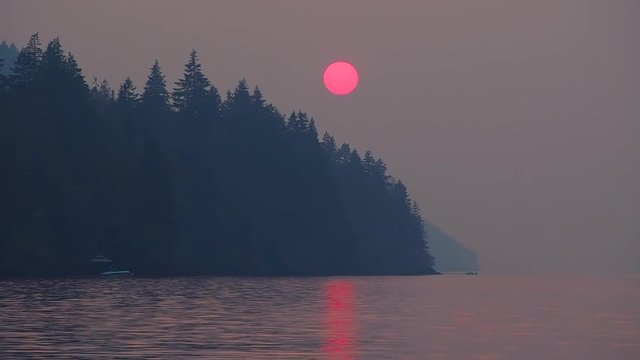 Time Lapse 2018 BC Canada Smokey Wildfire Sunset On Cowichan Lake Vancouver Island