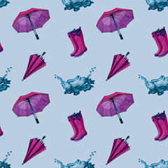 Seamless pattern of autumn elements pink boots, umbrella on white background. Watercolor hand drawn seamless pattern. Autumn rain cloth.
