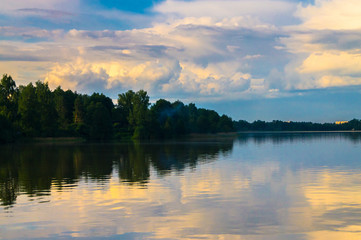 Summer evening landscape on the Lake Biserovo, Moscow region, Russia.