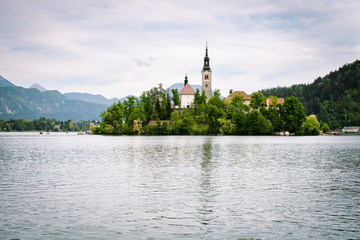 Naklejka premium Church on island on lake Bled, Slovenia