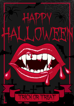 Vector illustration of greeting or invitation flyer on a dark background with bloody vampire mouth and fangs, spider webs, spiders, bats and graves. The inscription "Happy HalloweenÂ»